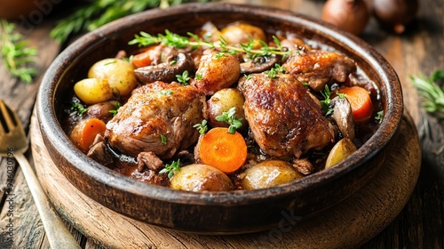 Hearty French coq au vin with vegetables in a rustic bowl.