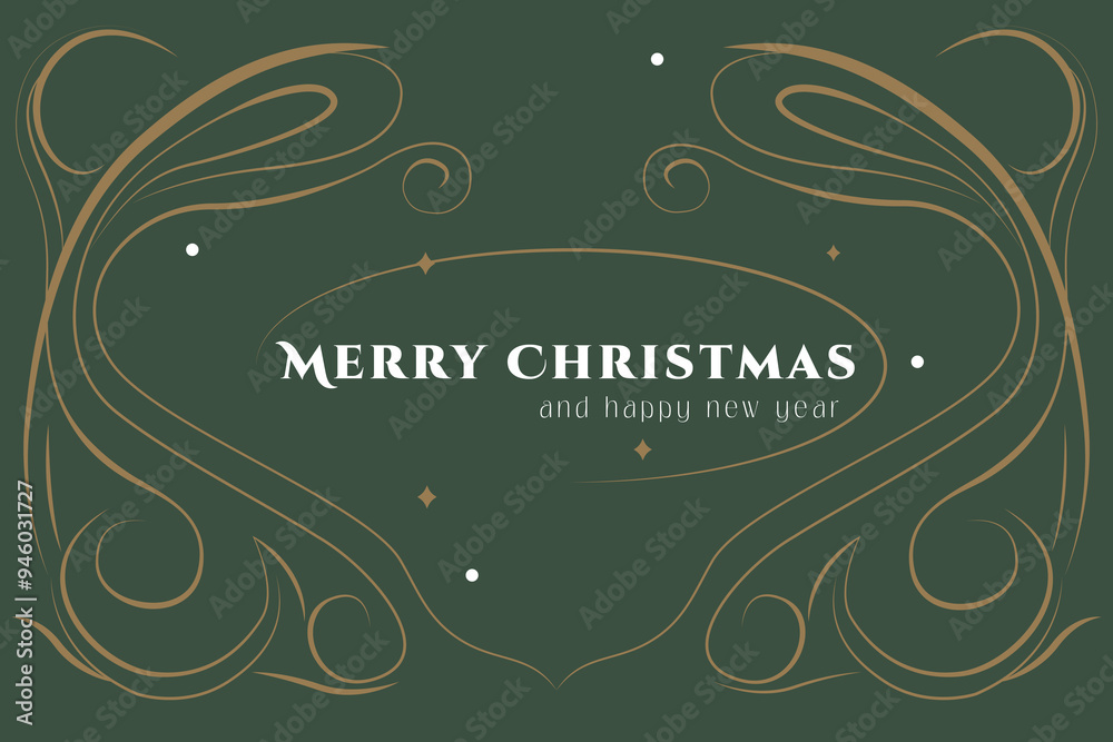 Rich green Christmas design with gold lines, warm and inviting festive message with modern flair. Vector illustration. Winter holiday concept. Postcard, invitation, greetings template. Art deco style.