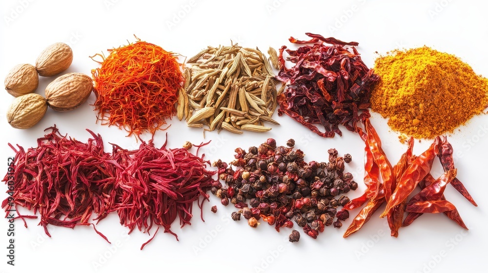 Fototapeta premium A vibrant assortment of spices and nuts arranged artistically for culinary use.