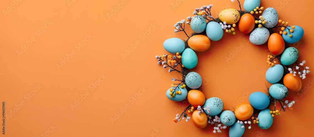 Easter wreath made of eggs on an orange background flat lay with copyspace Easter wreath made of eggs on an orange background flat lay with copyspace