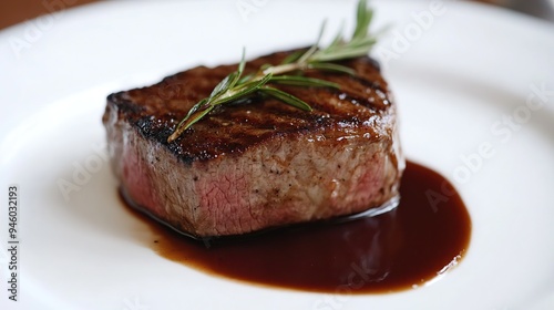 Luxurious steak with a rich sauce, served on a pristine white plate.