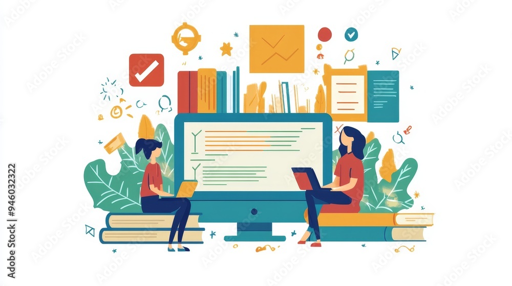 Two Women Studying On Laptops With Books Modern Illustration Two Women Studying On Laptops With Books Modern Illustration