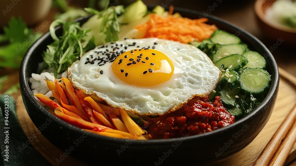 Savory Korean bibimbap with an array of vegetables and a fried egg. Savory Korean bibimbap with an array of vegetables and a fried egg.