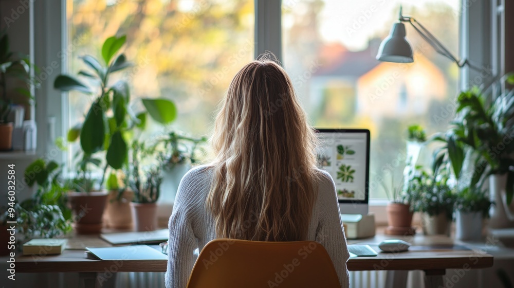 Woman Working at Home Desk with Plants and Laptop