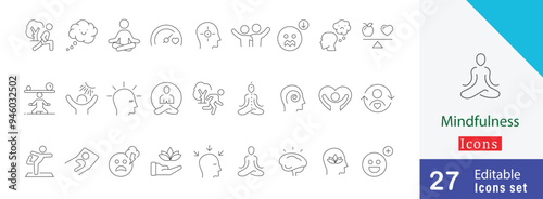 Set of Outline Mindfulness editable Icons collection. with  Harmony, Yoga, Nature,  Mind-body connection, Wellness, Mental health and more stroke illustration