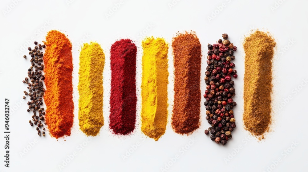 A vibrant assortment of various spices arranged in colorful lines on a white background. A vibrant assortment of various spices arranged in colorful lines on a white background.