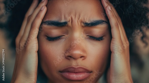 A young adult expresses feelings of stress and anxiety with hands on head and closed eyes, showcasing a moment of introspection. Generative AI