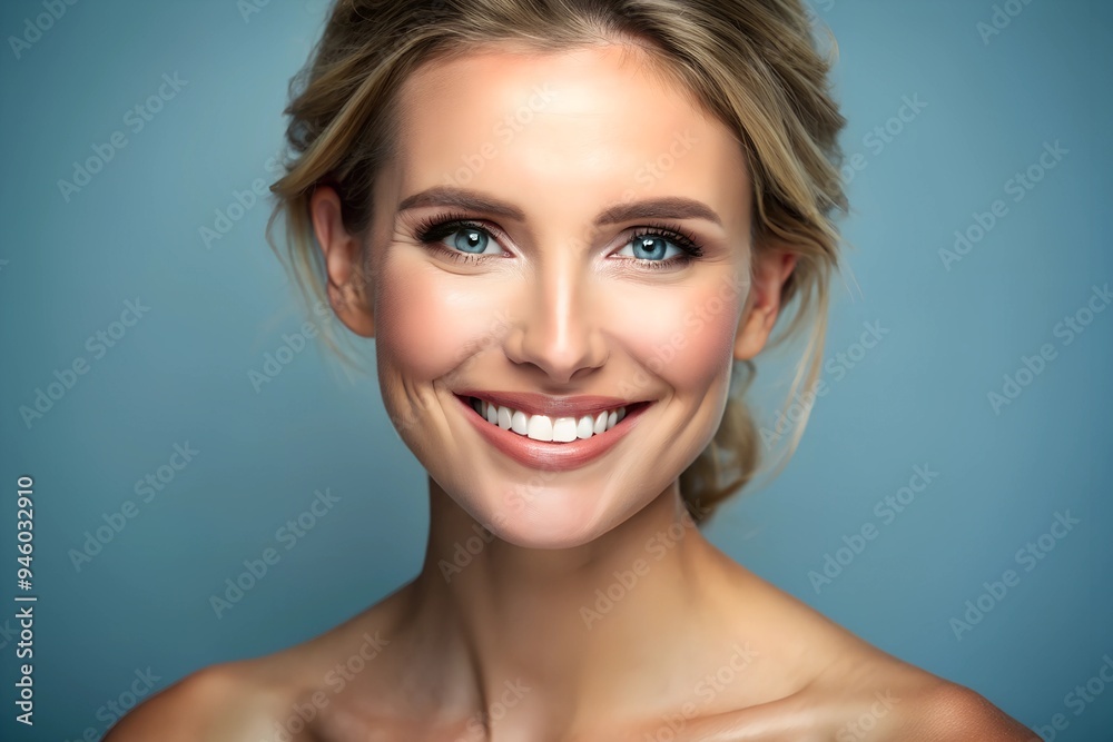 Woman, happy and portrait on studio background for skincare, dermatology and healthy skin with touch. Female person, smile and face as model for beauty, aesthetic and routine with facial treatment Woman, happy and portrait on studio background for skincare, dermatology and healthy skin with touch. Female person, smile and face as model for beauty, aesthetic and routine with facial treatment