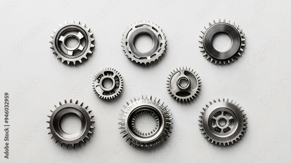 Diverse Stainless Steel Gears on Light Grey Background Diverse Stainless Steel Gears on Light Grey Background