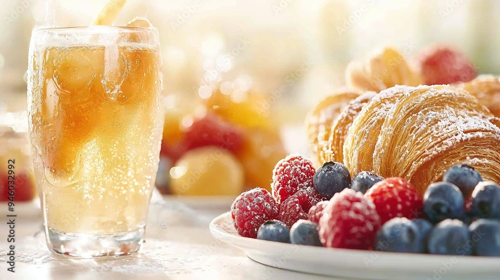 A plate with croissants, berries, and lemonade adjacent to croissants A plate with croissants, berries, and lemonade adjacent to croissants