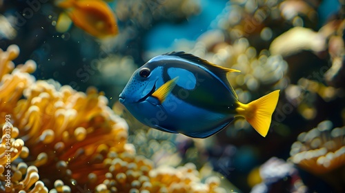 Blue Tang Fish Swimming in a Coral Reef.