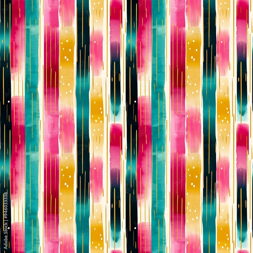 Abstract colourful watercolour seamless pattern with vertical stripes in pink, yellow, teal, black and white bright and vibrant colours and gold lines and glitter. Abstract colourful watercolour seamless pattern with vertical stripes in pink, yellow, teal, black and white bright and vibrant colours and gold lines and glitter.