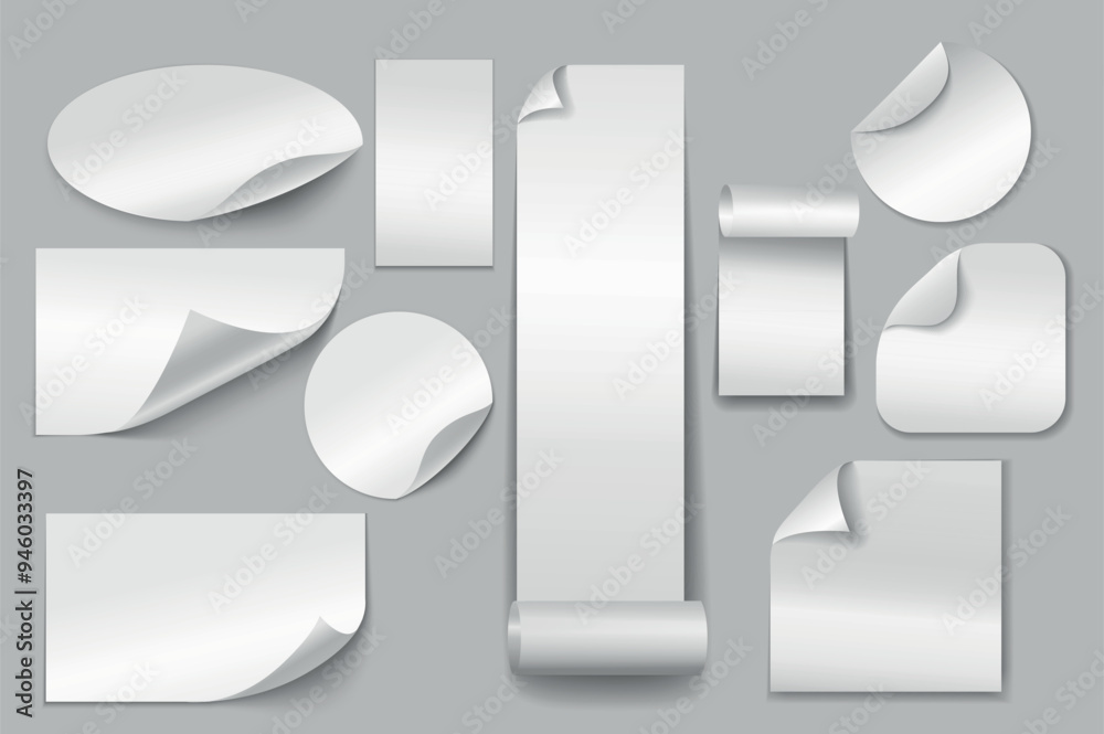 Set of empty paper stickers in flat cartoon design. A collection of white stickers with various shapes and styles showing curled corners suitable for use in different projects. Vector illustration. Set of empty paper stickers in flat cartoon design. A collection of white stickers with various shapes and styles showing curled corners suitable for use in different projects. Vector illustration.
