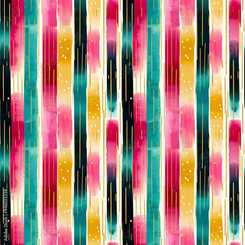 Abstract colourful watercolour seamless pattern with vertical stripes in pink, yellow, teal, black and white bright and vibrant colours and gold lines and glitter. 
