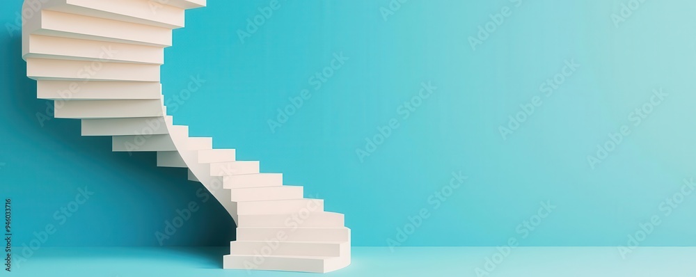 Spiral staircase with market strategy steps, business growth visualization, 3D illustration Spiral staircase with market strategy steps, business growth visualization, 3D illustration