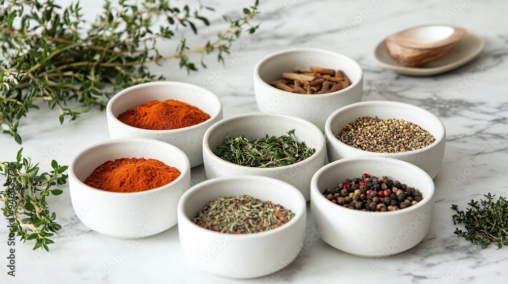 Spices and herbs in small bowls ready for cooking in a modern kitchen Spices and herbs in small bowls ready for cooking in a modern kitchen