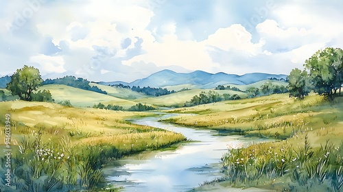 A watercolor painting depicts a river meandering through a green meadow, framed by distant mountains.