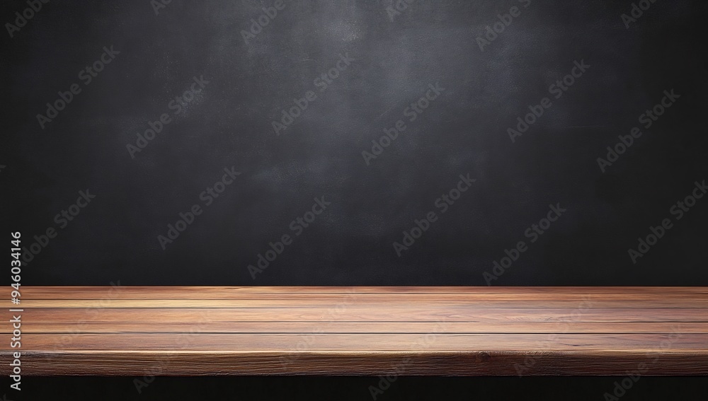 Empty wooden table top with chalkboard background for product display presentation Empty wooden table top with chalkboard background for product display presentation