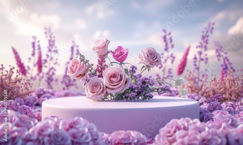 Podium background flower rose product pink 3d spring table beauty stand display nature white. Garden rose floral summer background podium cosmetic valentine easter field scene gift purple day romantic