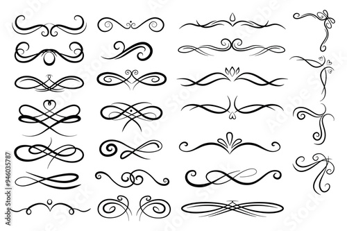 Set of elegant elements in flat cartoon design. A collection of elegant decorative flourishes and logos rendered in black and white suitable for various design projects. Vector illustration.