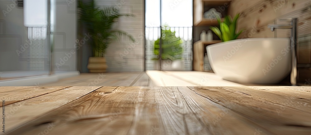 Wood tabletop against a blurred bathroom background crucial for design visual layout. Copy space image. Place for adding text and design Wood tabletop against a blurred bathroom background crucial for design visual layout. Copy space image. Place for adding text and design