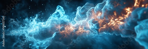 3D rendering of glowing fluid collision in zero gravity showcasing vibrant interactions