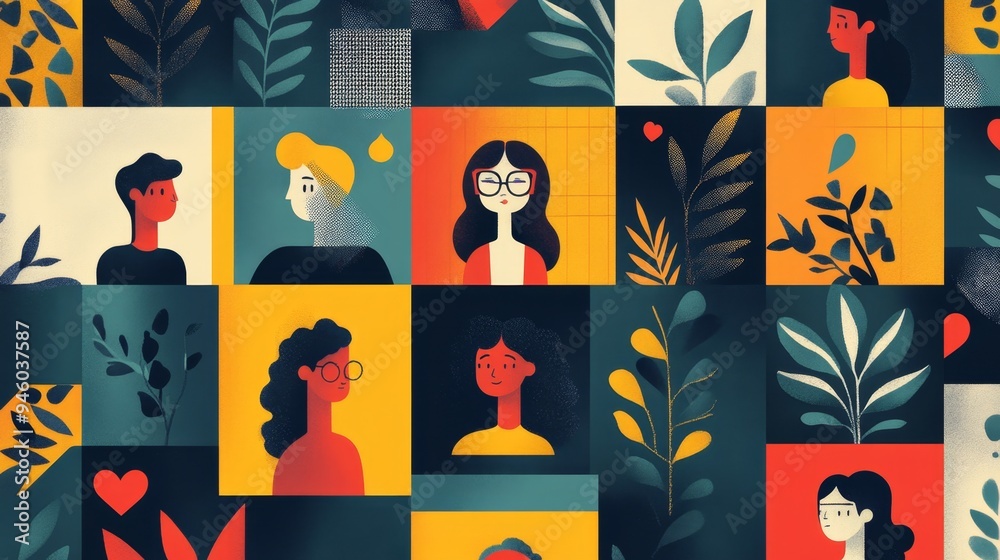 Fototapeta premium Abstract Colorful Illustration of Diverse People with Nature Elements