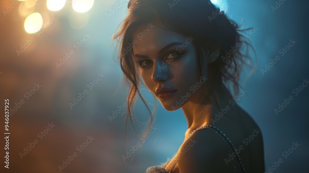 Portrait of a mysterious woman in dramatic blue and warm light, creating an enigmatic atmosphere Portrait of a mysterious woman in dramatic blue and warm light, creating an enigmatic atmosphere