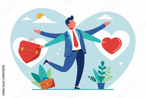 Work life balance, working lifestyle compromise with family or personal health, choice or balance between work stress and relaxation concept, businessman balance himself with heart and briefcase.
