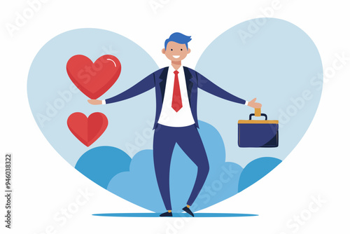 Work life balance, working lifestyle compromise with family or personal health, choice or balance between work stress and relaxation concept, businessman balance himself with heart and briefcase.

