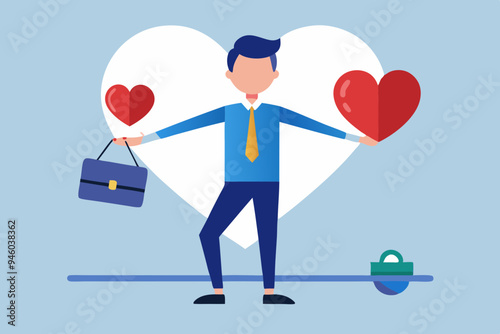 Work life balance, working lifestyle compromise with family or personal health, choice or balance between work stress and relaxation concept, businessman balance himself with heart and briefcase.
