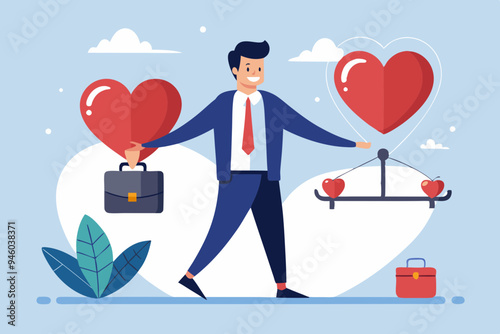 Work life balance, working lifestyle compromise with family or personal health, choice or balance between work stress and relaxation concept, businessman balance himself with heart and briefcase.
