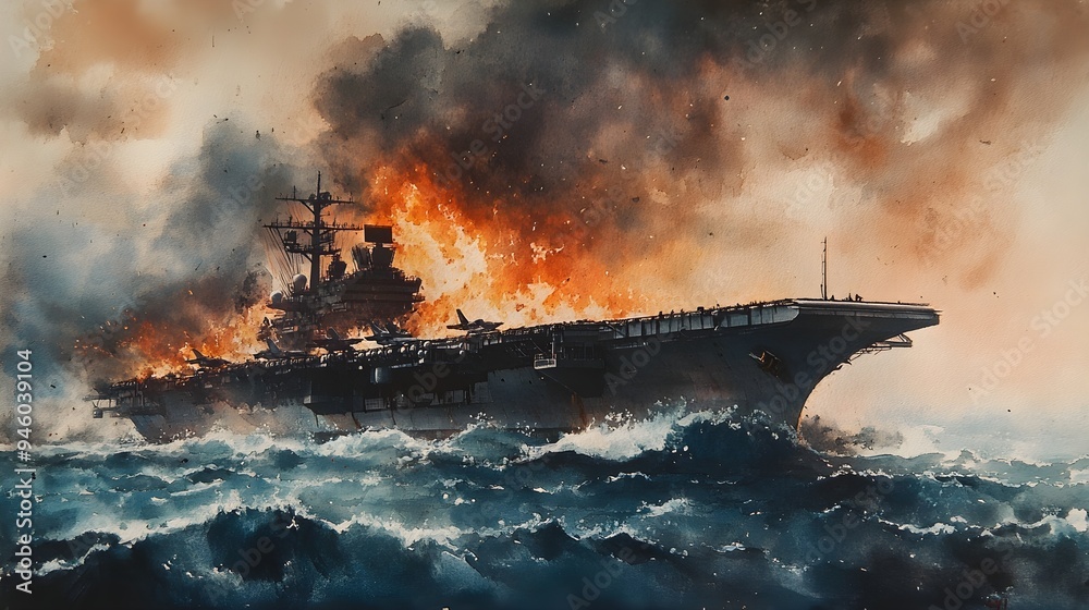 Watercolor of a blazing airplane crash on an aircraft carrier, fire roaring and chaos unfolding, waves crashing against the hull, capturing the disaster in detail Watercolor of a blazing airplane crash on an aircraft carrier, fire roaring and chaos unfolding, waves crashing against the hull, capturing the disaster in detail