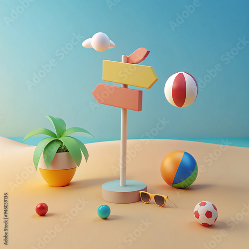 Colorful 3D Beach Elements: Summer Fun with Palm Trees, Lifebuoy, and Beach Ball