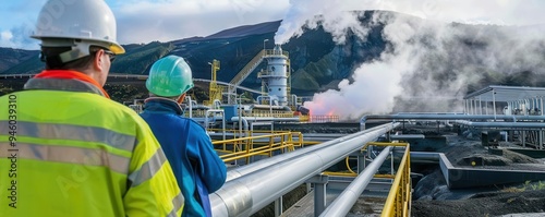 Two engineers in safety gear inspect heavy industry pipes and infrastructure at a geothermal energy plant in a mountainous landscape.