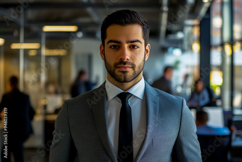 A handsome man in a grey suit and black tie, with an office background