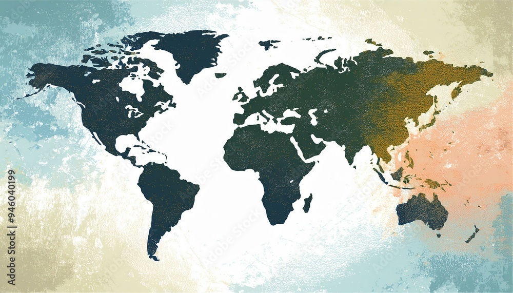 Vector Illustrated map of the world with a textured background and watercolor spots. Grunge background. Vector Illustrated map of the world with a textured background and watercolor spots. Grunge background.