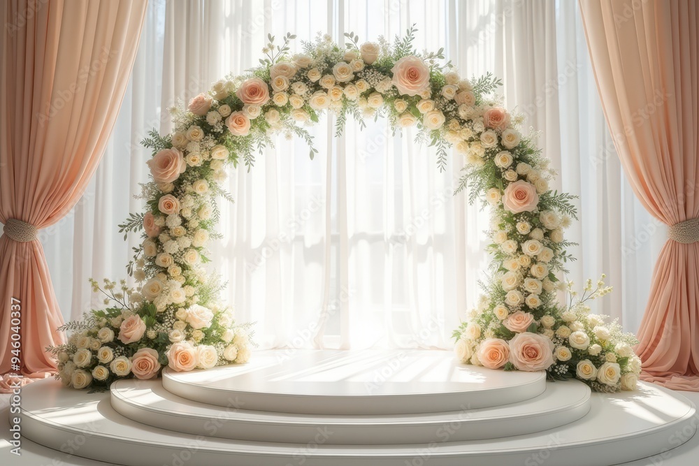 Floral Archway with White and Peach Roses for a Wedding Ceremony Floral Archway with White and Peach Roses for a Wedding Ceremony