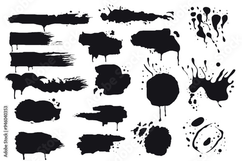 Set of paint strokes in flat cartoon design. A collection of decorative black brushes and splashes suitable for artistic design and creative projects, features various shapes. Vector illustration.