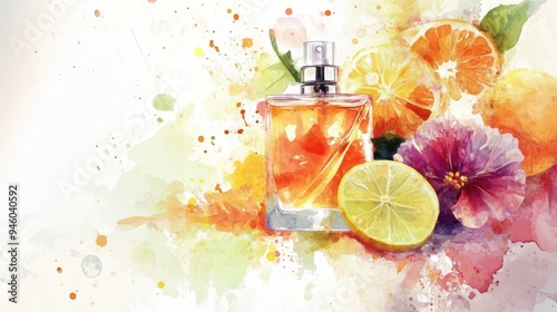 Signature scent, abstract floral and citrus notes, watercolor style