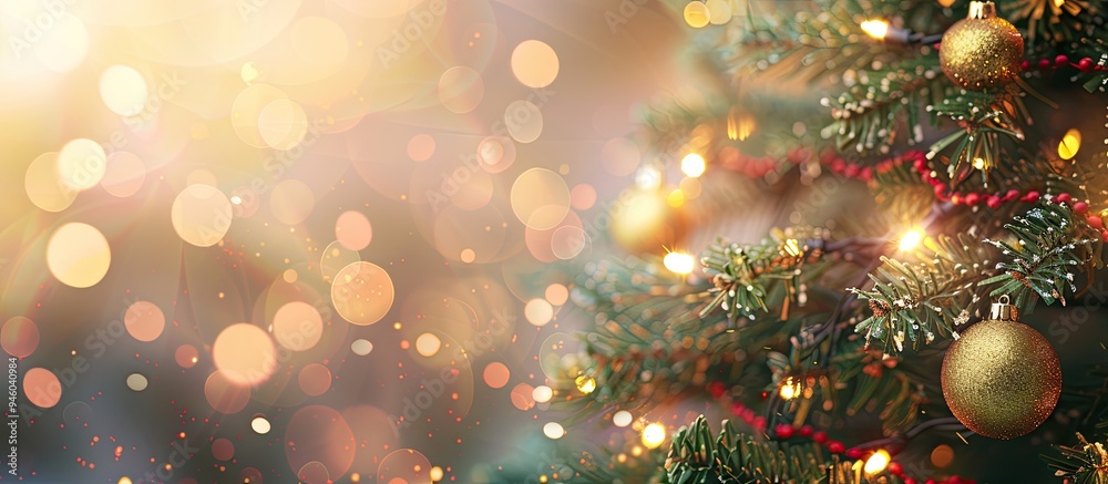 Christmas tree and ornament against blurred lights. Copy space image. Place for adding text and design Christmas tree and ornament against blurred lights. Copy space image. Place for adding text and design