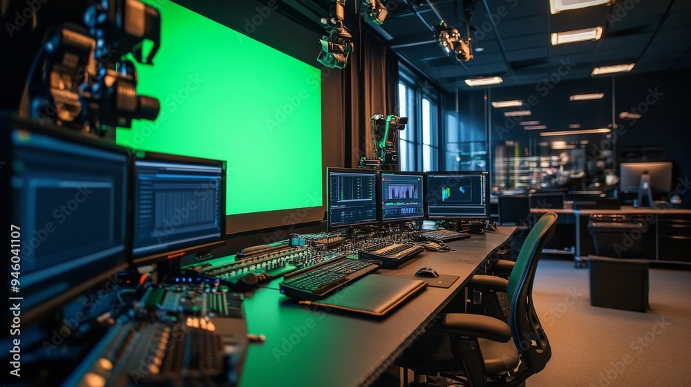 Professional Video Editing Studio with Green Screen and Monitors Professional Video Editing Studio with Green Screen and Monitors