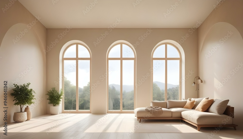 A bright and airy living room with large arched windows overlooking a scenic outdoor landscape.