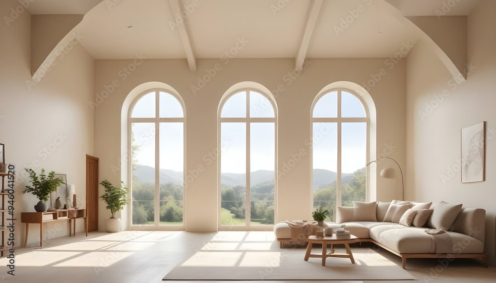 A bright and airy living room with large arched windows overlooking a scenic outdoor landscape. A bright and airy living room with large arched windows overlooking a scenic outdoor landscape.