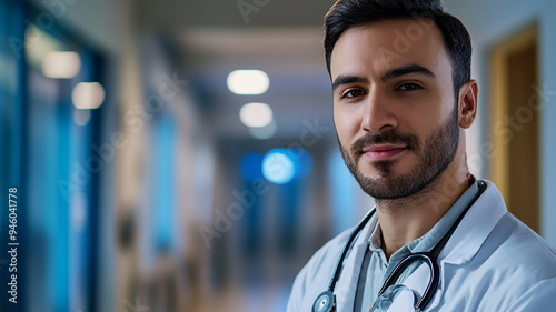 Confident doctor with stethoscope standing in a hospital corridor during daytime with soft lighting