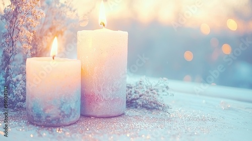   Two white candles rest together on snow-covered ground beside a tree