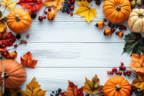 Autumnal Pumpkin and Leaf Border on Whitewashed Wood photo