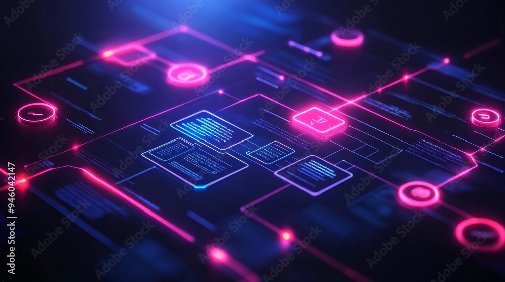 Abstract Neon Technology Background with Data and Interface Abstract Neon Technology Background with Data and Interface