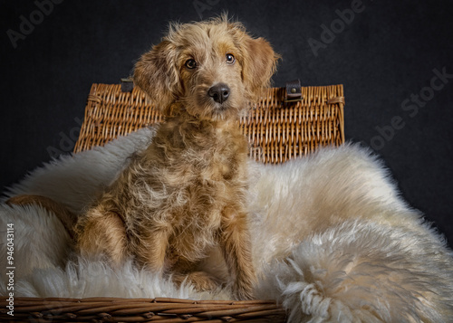 UK, September 2022 - Golden labradoodle pup, sitting on a fur in a wicker basket photo