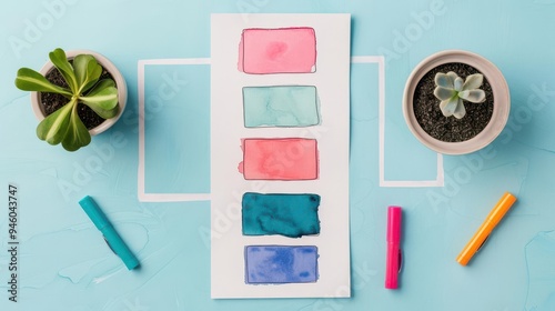 Workflow with handdrawn icons, creative planning, freestyle sketches, Watercolor style photo